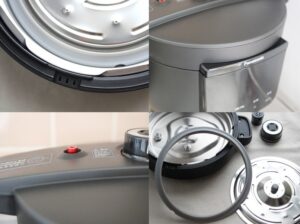 パナソニック電気圧力鍋NF-PC400の本体と操作パネル、ふた(内ぶた・パッキン・おもり・蒸気カバー)および圧力表示ピンの構造がわかる写真