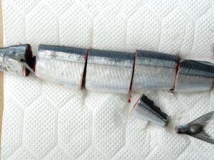 内蔵ごと一口大に切り分けたさんま。電気圧力鍋で煮やすいよう尾は落としてある