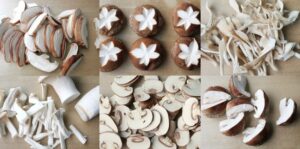 電気圧力鍋で調理前のきのこ4種（しいたけ・舞茸・マッシュルーム・エリンギ）。加圧前の下ごしらえ