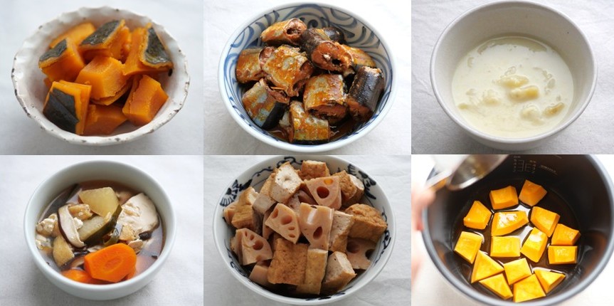 電気圧力鍋で作る秋のレシピ5選。かぼちゃの煮物、さんまの中華風味噌煮、さつまいものミルクスープ、けんちん汁、厚揚げとれんこんの煮物、調理中のかぼちゃ
