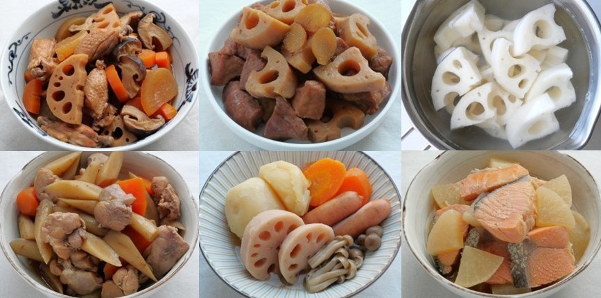 電気圧力鍋で作る秋冬のレシピ5選。鶏もも肉と根菜の炒め煮、鶏手羽中と根菜の煮物、れんこんと豚の角煮風、れんこんとウインナーのポトフ、鮭と大根の煮物、調理中のれんこん