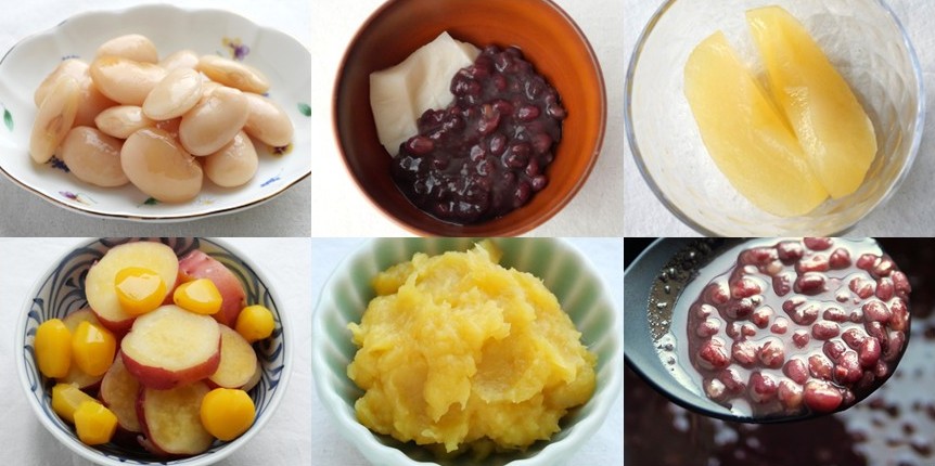 電気圧力鍋で作った冬の簡単スイーツ。煮小豆、いもきんとん、白花豆の甘煮、りんごのコンポート、さつまいもと栗の甘煮