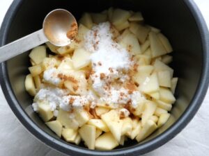 りんごと砂糖、レモン汁の上にシナモンを振った状態