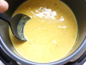 煮込みを止めた直後のポタージュスープ。小さな果肉が残るとろとろの仕上がり